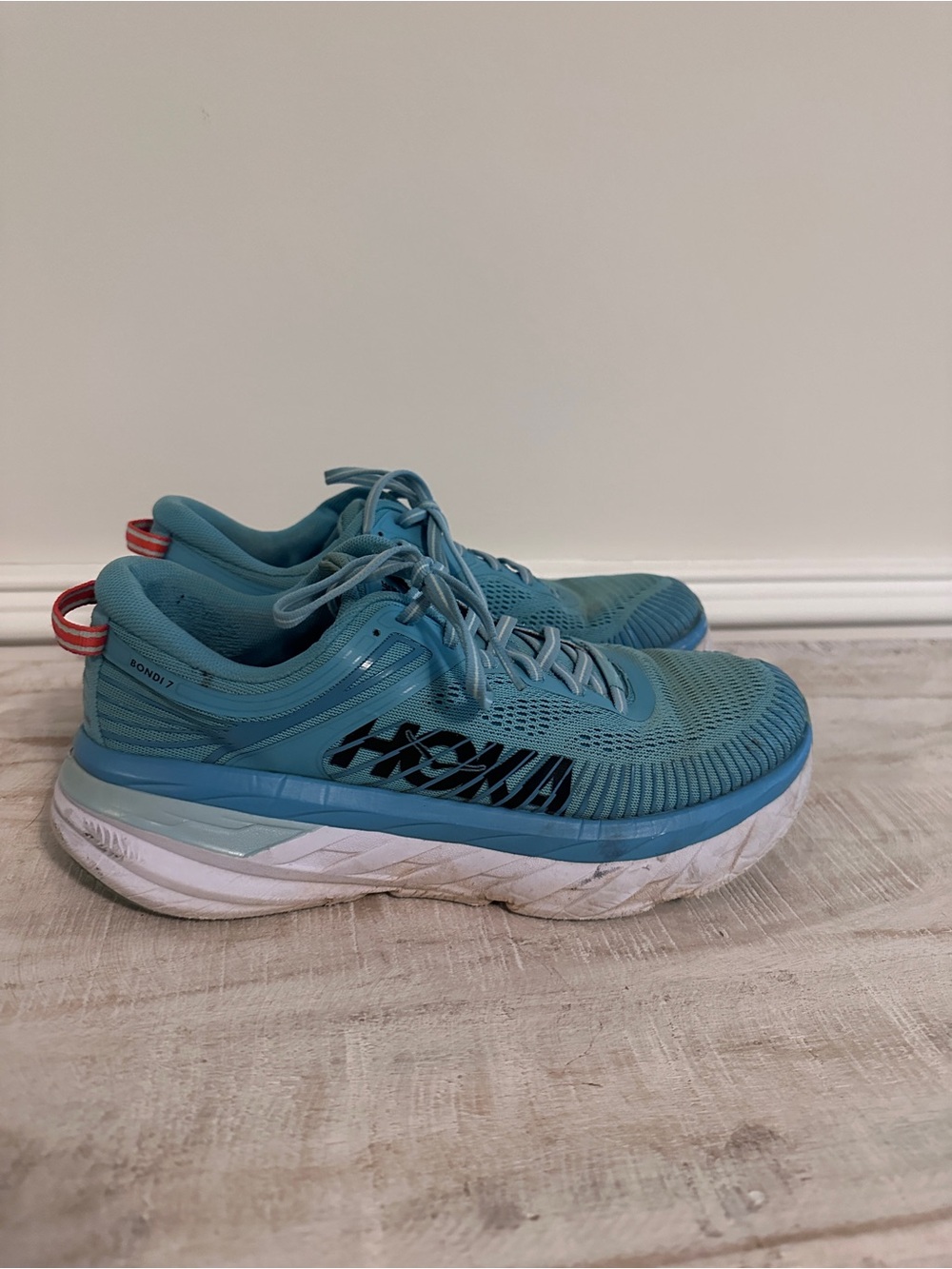 Hoka Teal and White Road-Running Sneakers
